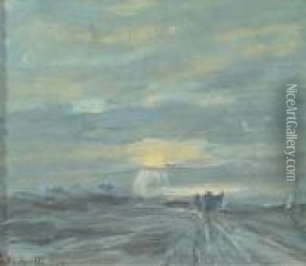 Zonsondergang Bij Delden: A Countryroad At Sunset Oil Painting - Louis Apol