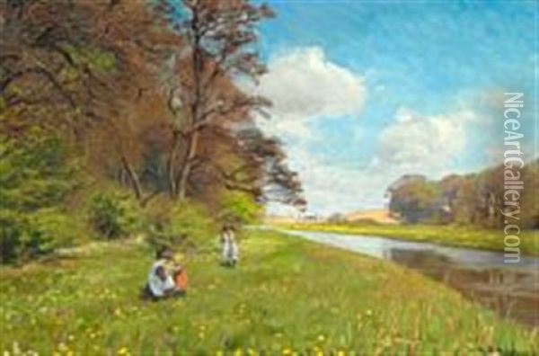 A Mother With Her Little Girls Picking Flowers Next To Suseaen Oil Painting - Hans Andersen Brendekilde