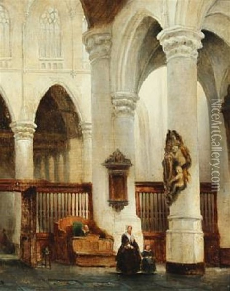 Church Interior With A Mother And Child Oil Painting - Johannes Bosboom