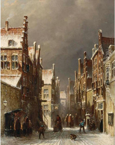 Figures In The Snow Covered Streets Of A Dutch Town Oil Painting - Pieter Gerard Vertin