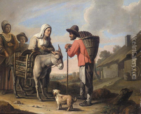 A Peasant Family With A Donkey And A Dog Before A Cottage Oil Painting - Louis And Matthew Le Nain