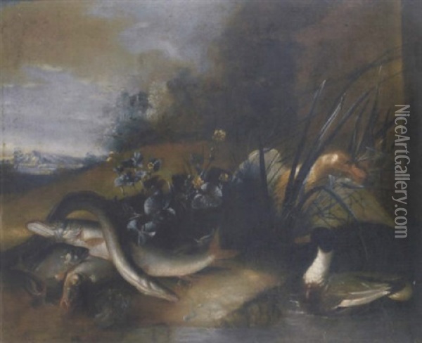 A Perch, A Pike, An Eel And Other Fish On An Embankment With Ducks In A Landscape Oil Painting - Jean-Baptiste Oudry