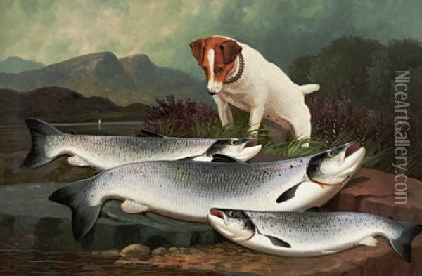 Terrier And Three Salmon Oil Painting - John Bucknell Russell