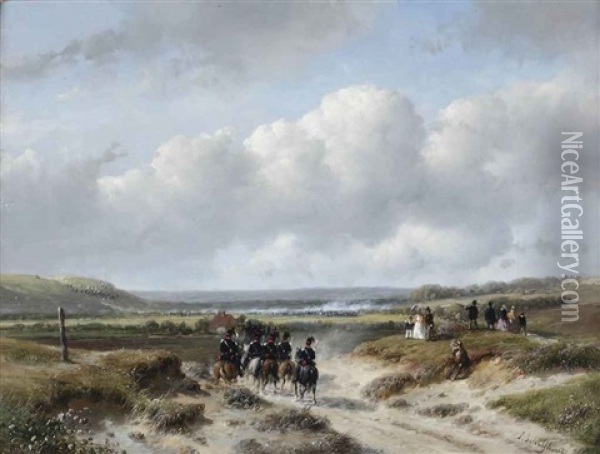 Manoeuvres Of The Hague Garrison On The Waalsdorpvlakte, With The 3rd Regiment Of Light Dragoneers In Foreground Oil Painting - Andreas Schelfhout