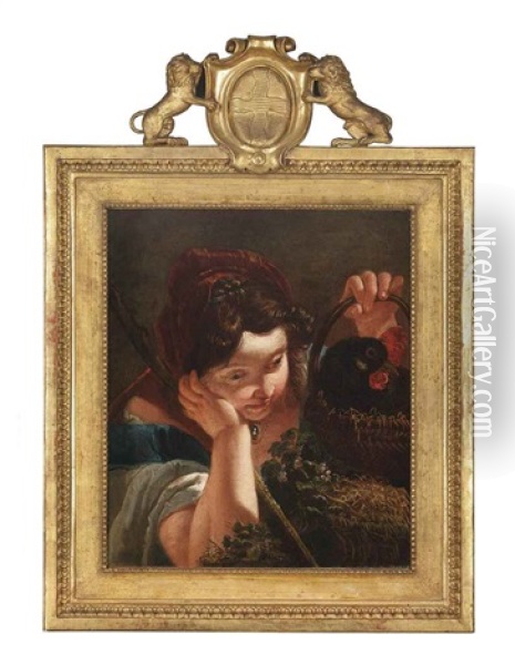 A Young Girl Holding A Hen In A Basket In Her Left Hand Oil Painting - Francesco Salvator Fontebasso