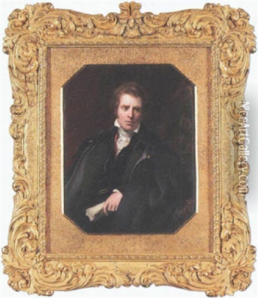 Sir David Wilkie R.a. Wearing Black Cloak Over Green Coat With Black Collar, Black Waistcoat, Red Scarf And White Cravat, He Holds A Sheet Of Paper And Paintbrush Oil Painting - William Essex