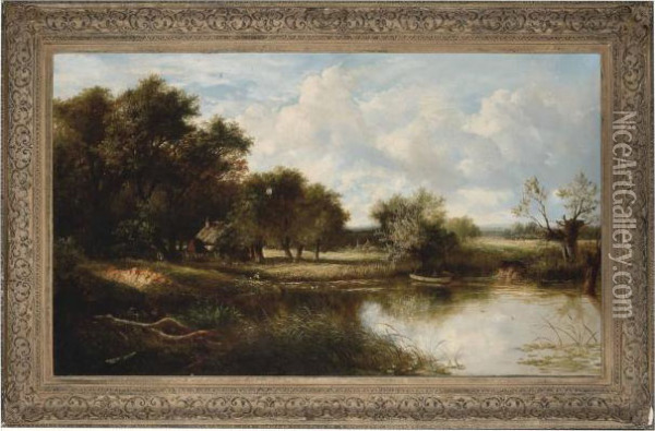 An Angler In An Extensive River Landscape With Cottages And Cattle Oil Painting - Joseph Thors