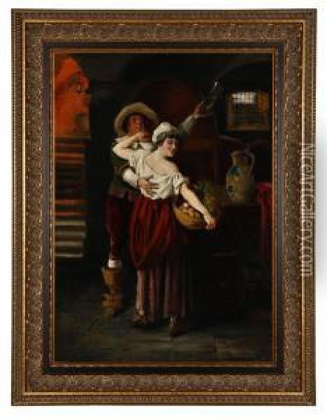 Tavern Scene With Man & Woman Frolicking Oil Painting - Jan Skramlik
