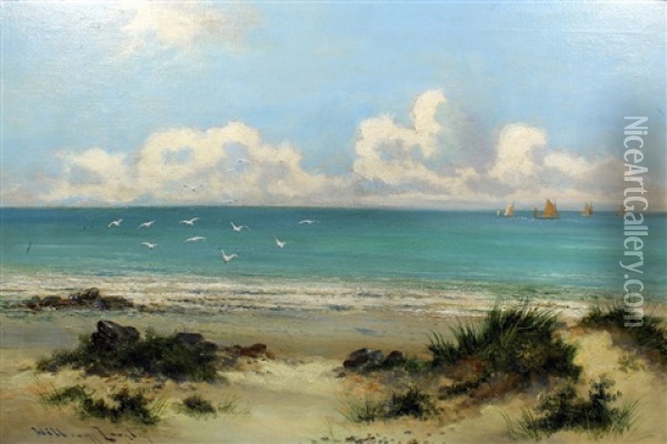 Beach Scene With Boats To Horizon Oil Painting - William Langley