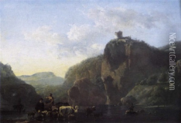 A Mountainous Landscape With Peasants And Their Livestock Crossing A River Oil Painting - Jan Asselijn