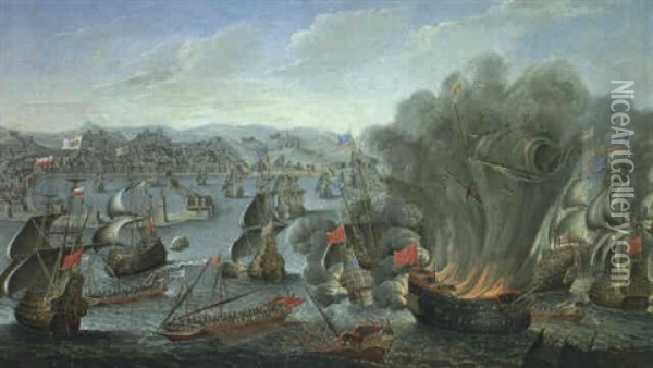 Le Blocus Du Port De Messine En 1675 Par Le Marechal De     Tourville Oil Painting - Pierre Puget