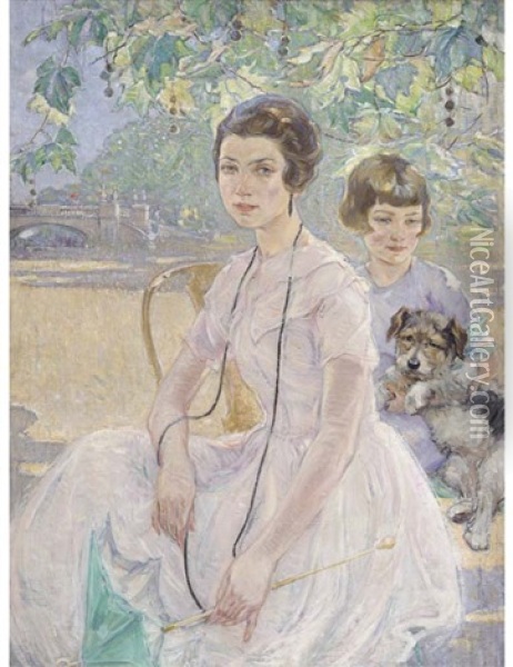 Portrait Of A Mother And Child, Seated Three-quarter-length, In Summer Dresses, With A Parasol And A Puppy Oil Painting - Ernest Borough Johnson