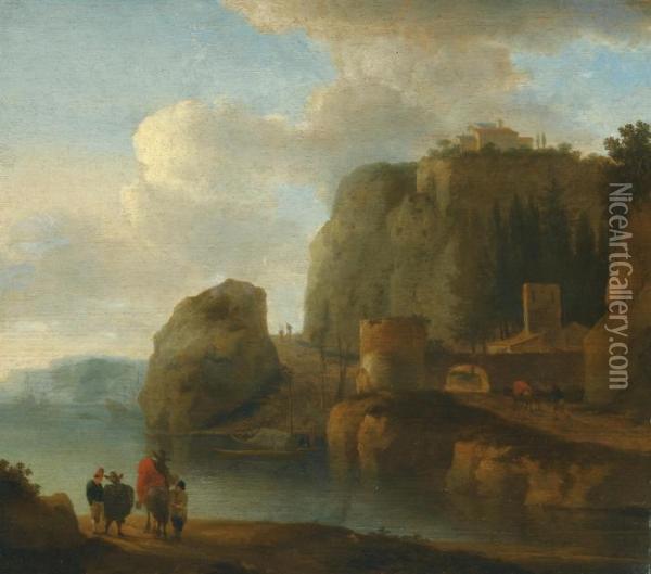 A Rocky River Landscape With Travellers In The Foreground And Ships Beyond Oil Painting - Jan Asselyn