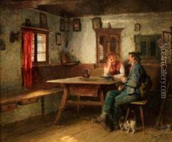 Bauernstube, Sonnenschein, Bursch Und Madel Oil Painting - Hugo Kauffmann