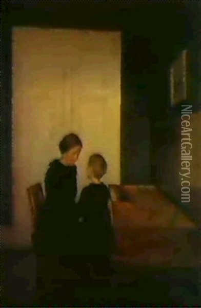 Interior, Moder Og Barn Ved Klaveret Oil Painting - Peter Vilhelm Ilsted