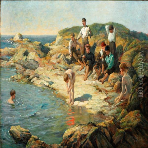 Boys Swimming At A Rocky Coast Oil Painting - William Pratt