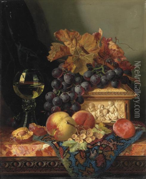 Still Life With Grapes, Peaches, Plums, Whitecurrants, An Ivory Casket And A Roemer Oil Painting - Edward Ladell