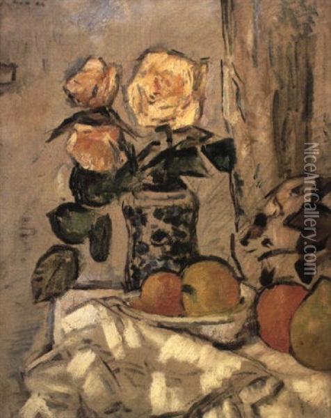 Yellow Roses In A Vase With Mixed Fruit On A Draped Table Oil Painting - George Leslie Hunter