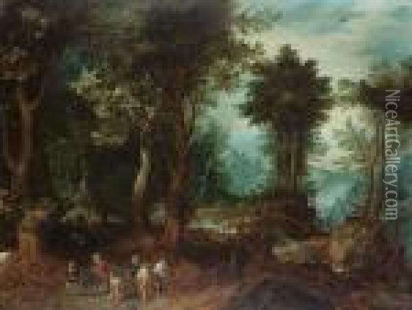 A Wooded Landscape With Abraham And Isaac Oil Painting - Jan Brueghel the Younger