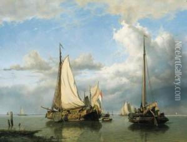 Shipping On A Calm Estuary Oil Painting - W.A. van Deventer