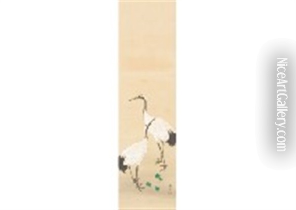 Two Cranes Oil Painting - Kimura Buzan