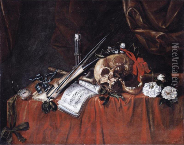 A Vanitas Still Life With A Skull, A Viol And A Violin Bow, A Pocket-watch, A Musical Score And Other Objects, All Laid Out On A Draped Table Oil Painting - Simon Renard De Saint-Andre