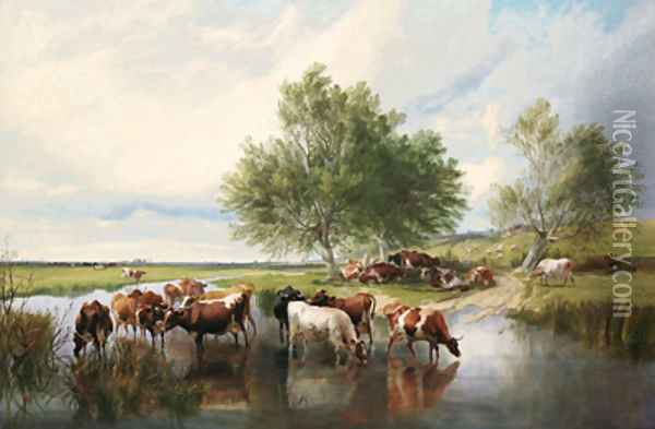 On a Dairy Farm Oil Painting - Thomas Sidney Cooper