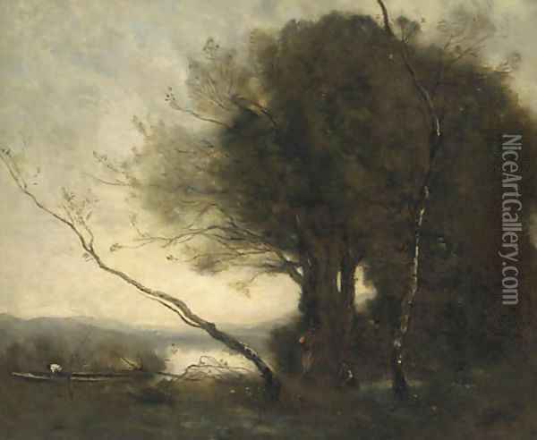 Figures working in a landscape, a lake beyond Oil Painting - Jean-Baptiste-Camille Corot