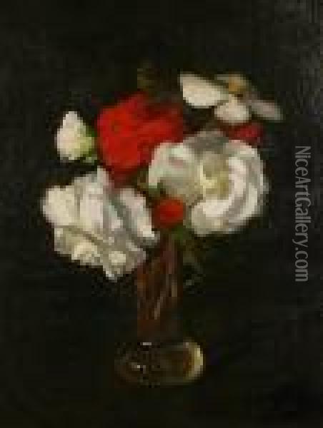 Red And White Flowers In A Glass Vase Oil Painting - James Stuart Park