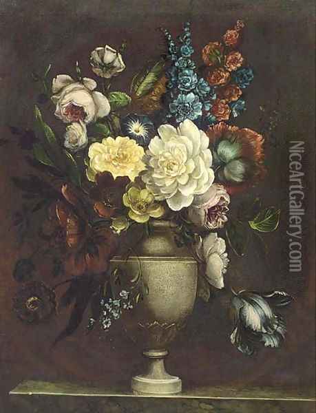 Assorted flowers in an urn on a stone ledge Oil Painting - Continental School