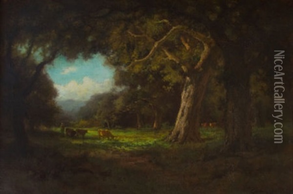 Cattle Grazing In A Sunlit Clearing Oil Painting - Gordon Coutts