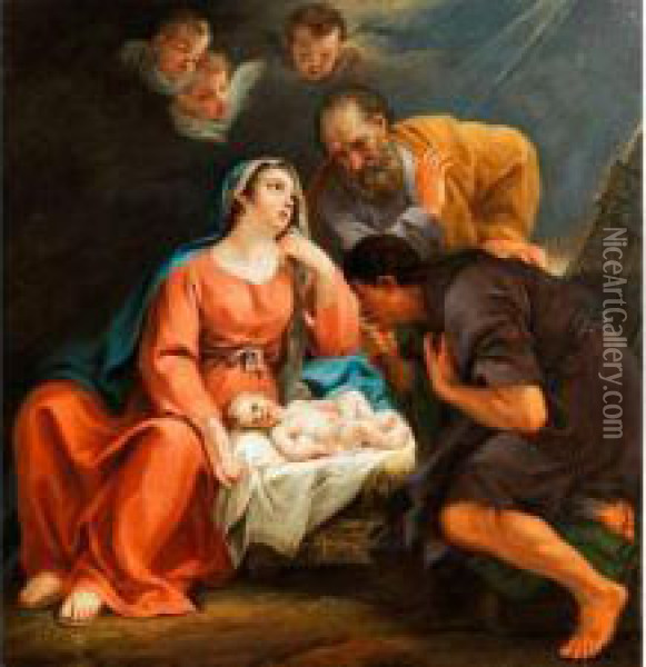 Anbetung Des Kindes In Bethlehem Mitmaria, Joseph Und Einem Hirten Oil Painting - Pierre Parrocel