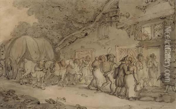 Arriving At The Inn Oil Painting - Thomas Rowlandson