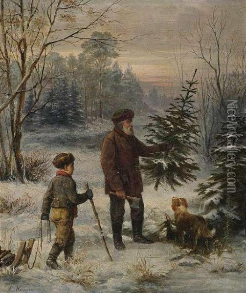 Father And Son In A Wintry Forest Cutting Down A Tree Oil Painting - Franz Ludwig August Kruger