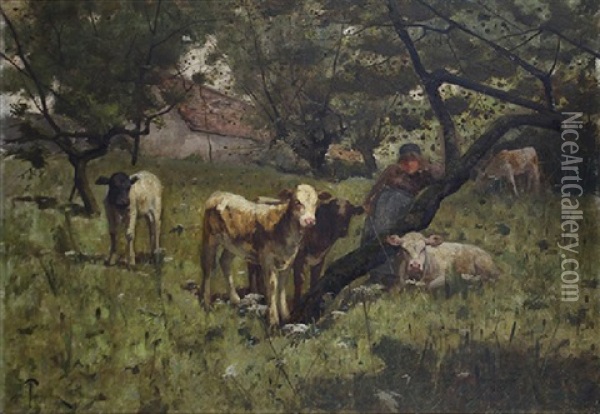 Cows And Figure Under The Trees Oil Painting - Harry Ives Thompson