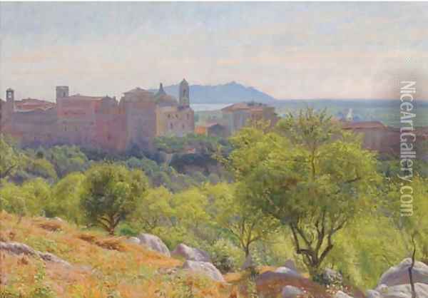 An Italian hilltop town Oil Painting - Emil August Theodor Wennerwald