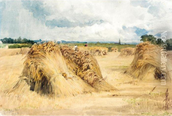 Hay And Wheat Stooks Before The Rain Oil Painting - Edward Duncan