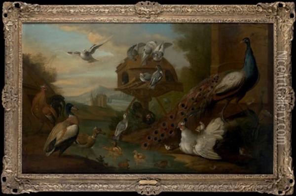 Canards, Poules Et Pigeons Dans Un Paysage Oil Painting - Marmaduke Cradock