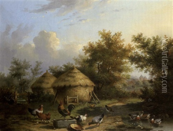 Poules Et Canards Pres D'une Marre Oil Painting - Cornelis van Leemputten