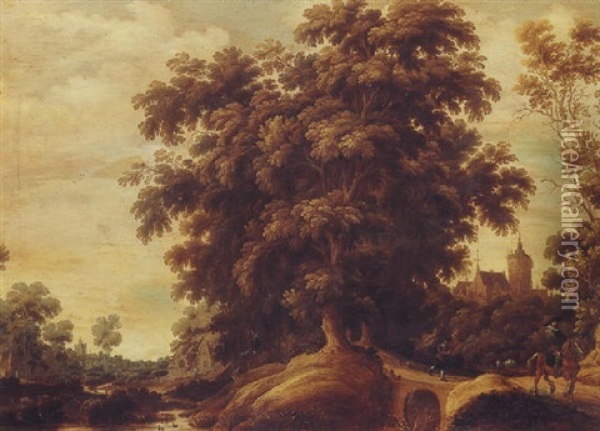 River Landscape With A Man On Horseback And A Castle Beyond Oil Painting - Joachim Govertsz