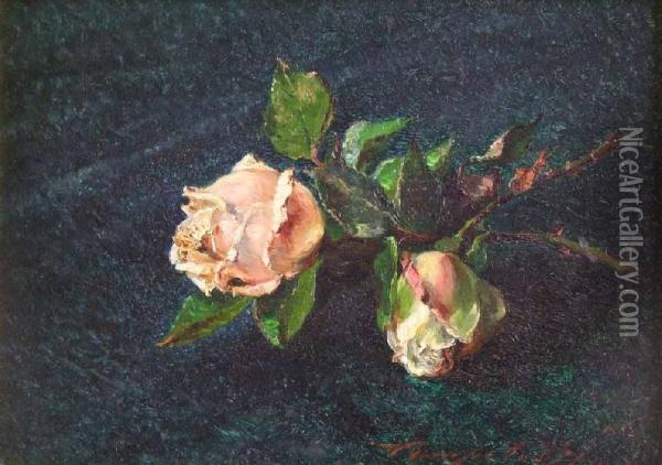 Still Life Of Two Pink And White Roses Oil Painting - Henry Campotosto