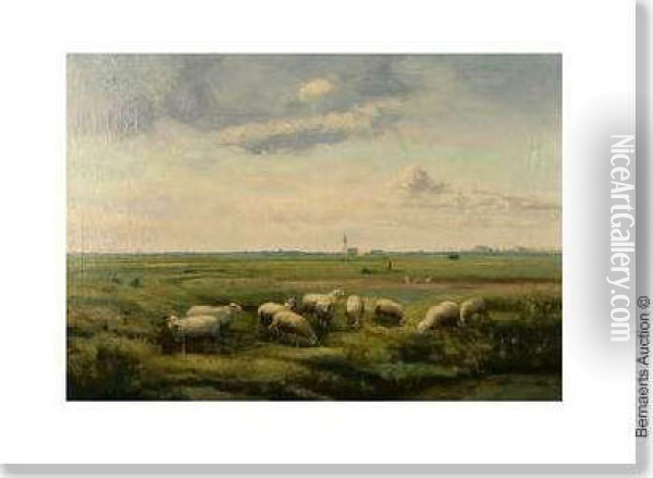 Landscape Withsheep And Village On The Horizon Oil Painting - Cornelis van Leemputten