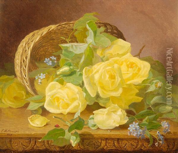 A Still Life Of Yellow Roses And
 Forget-me-nots Spilling From A Basket Onto A Carved Wooden Shelf Oil Painting - Eloise Harriet Stannard