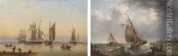 A Schooner And Fishing Vessels In A Calm; And Dutch Fishing Barges Running Into Port Oil Painting - Henry Redmore
