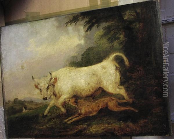 Landscape With Wolfhound Chasing A Bull, Oil On Canvas Oil Painting - James Ward