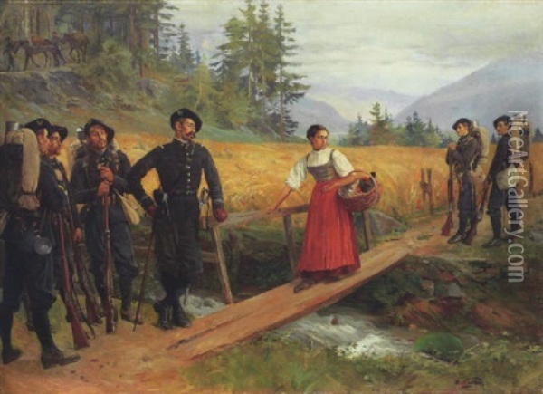 Chasseurs Alpins Und Das Bauernmadchen Mit Huhnern Am Holzsteg Oil Painting - Edouard Castres