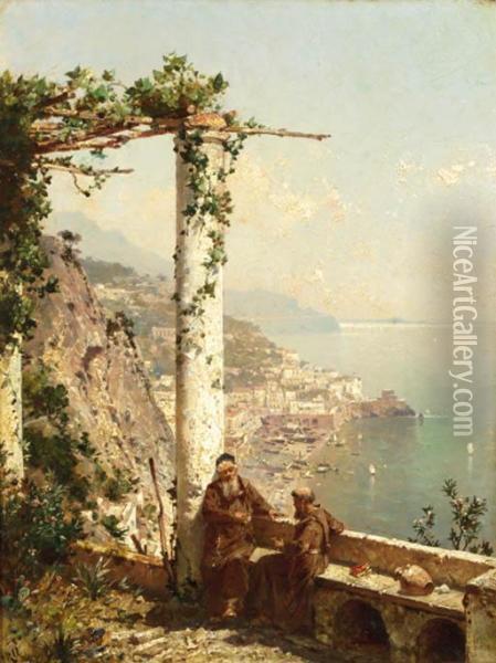 Monks On A Terrace, With Amalfi Beyond Oil Painting - Franz Richard Unterberger