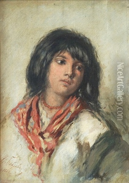 Portret Divky (portrait Of Girl) Oil Painting - Viktor Alekseevich Bobrov