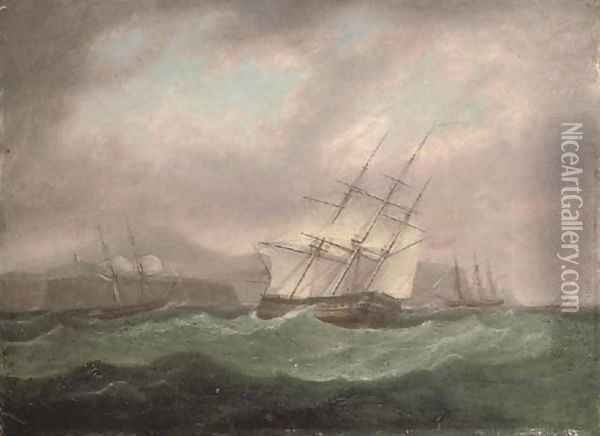 A squadron of the fleet off a rocky coast, possibly Flamborough Head Oil Painting - Thomas Whitcombe