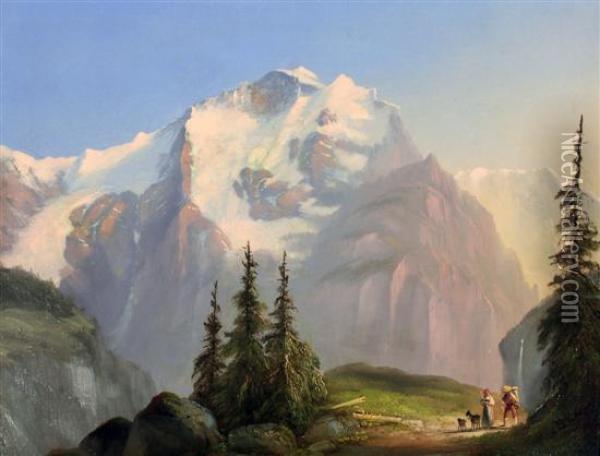 View Of The Jungfrau With Figures And Goats In The Foreground Oil Painting - Franz Richard Unterberger